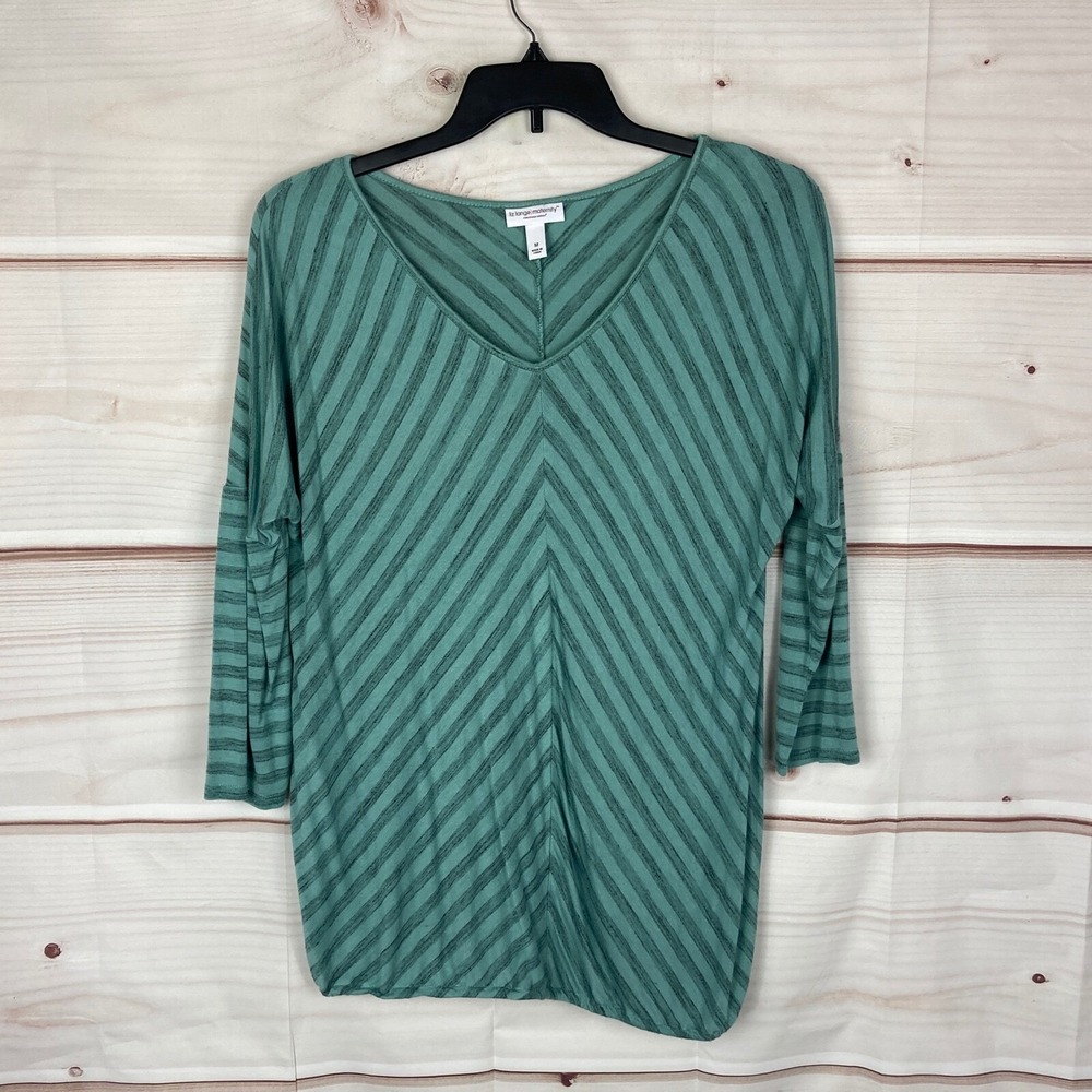 Liz Lange Target Maternity Top Womens M Green V-Neck Striped Elastic Waist Knit